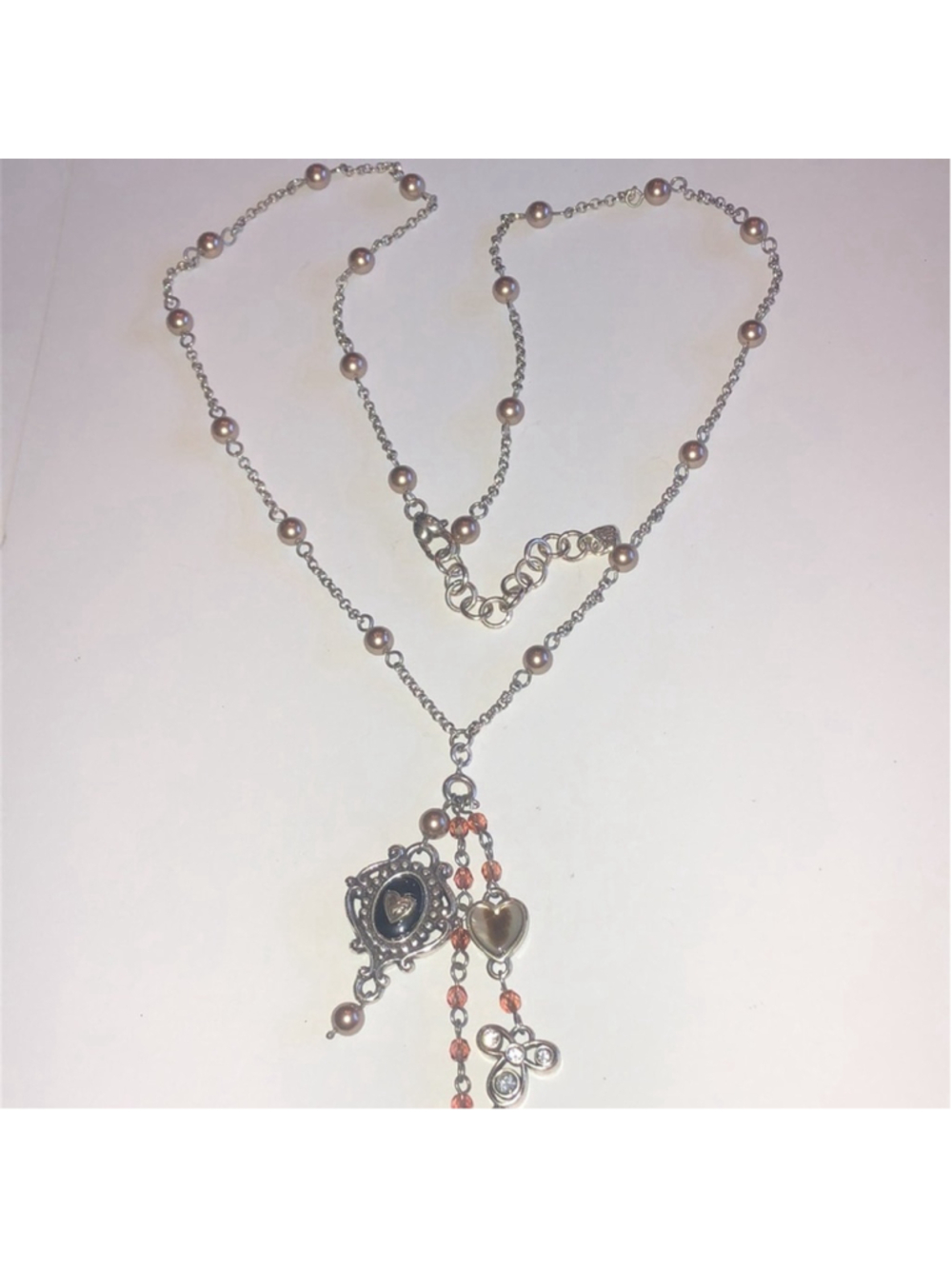 Brighton Silver Tone Boho Beaded Dangling Y Drop Fleur De Lis Necklace